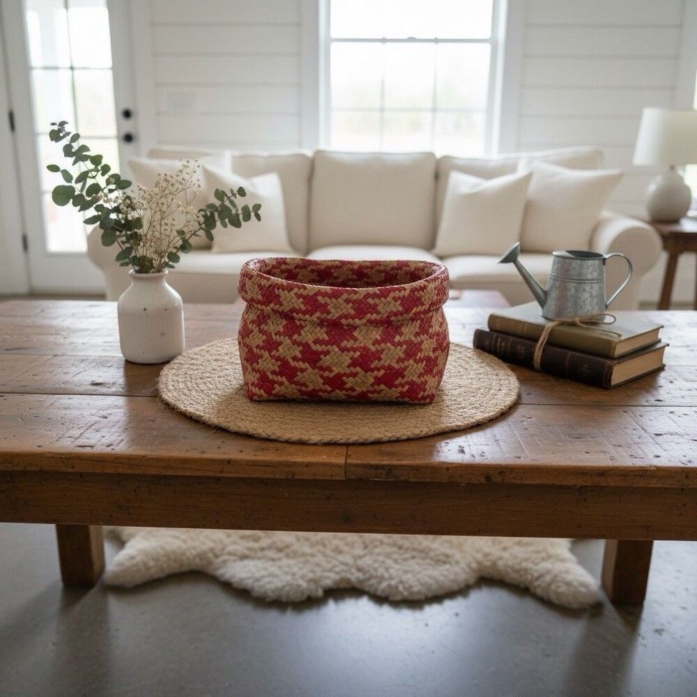 VTG Basket Sorage Red Cream Weave Basketry Handmade Natural Pandanus farmhouse